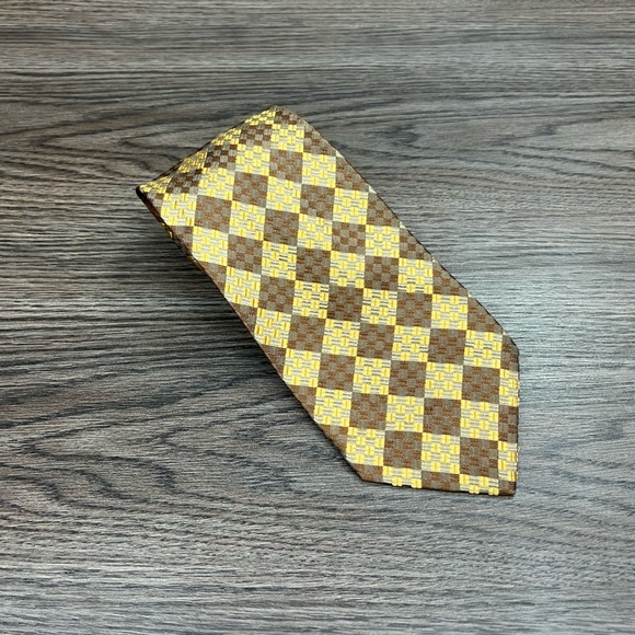 Carrot & Gibbs Gold & Brown Checkerboard Silk Tie - Picture 1 of 6
